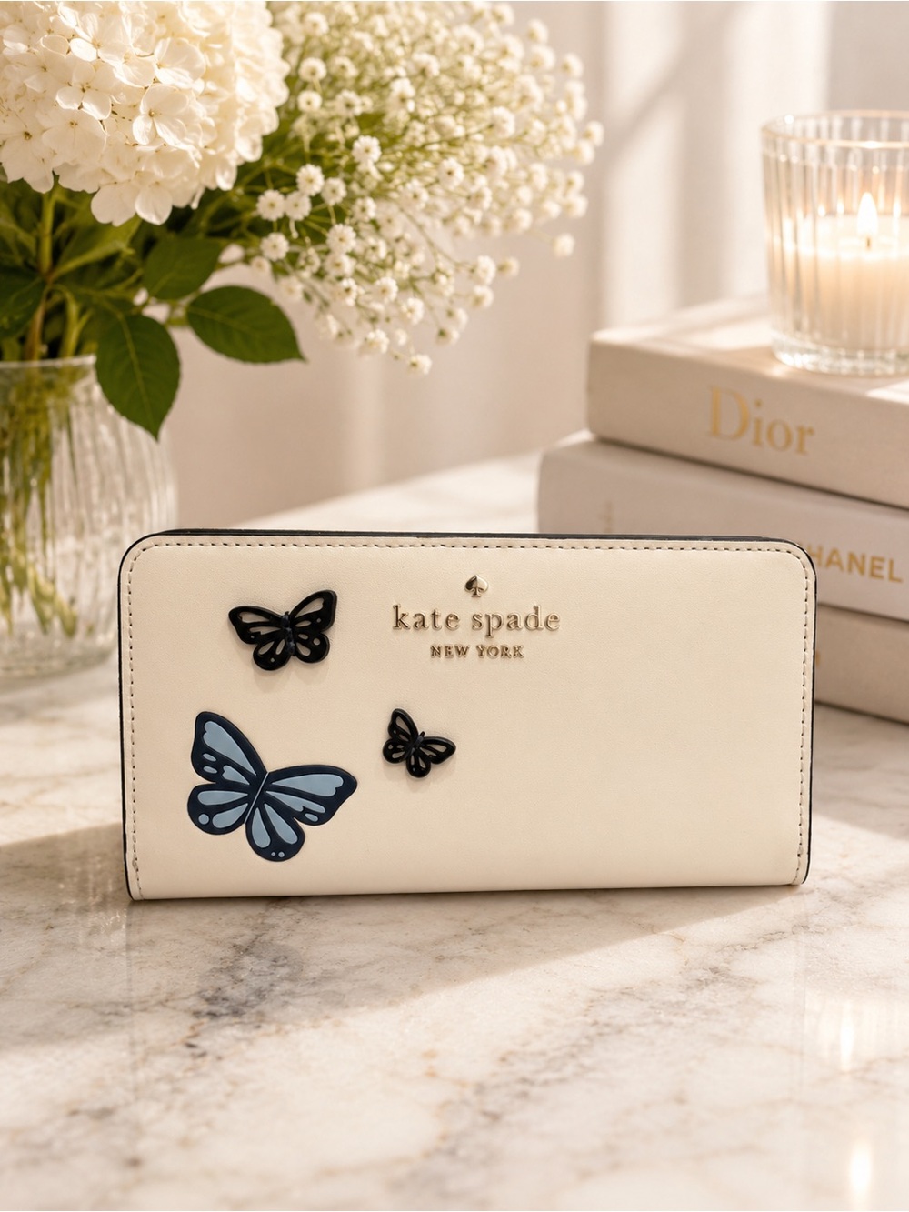 Kate Spade Large Slim Bifold Butterfly Wallet Flutter Fly White Blue EUC